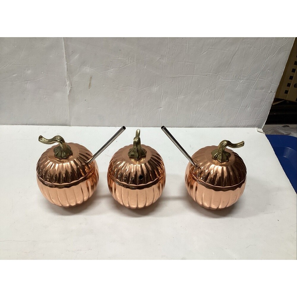 pier one copper-plated pumpkin tumblers w/lids metal straws set of 3